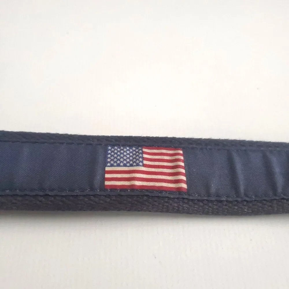 Vineyard Vines Men's Belt Size 42 Navy American Flag Canvas Leather Brass Buckle